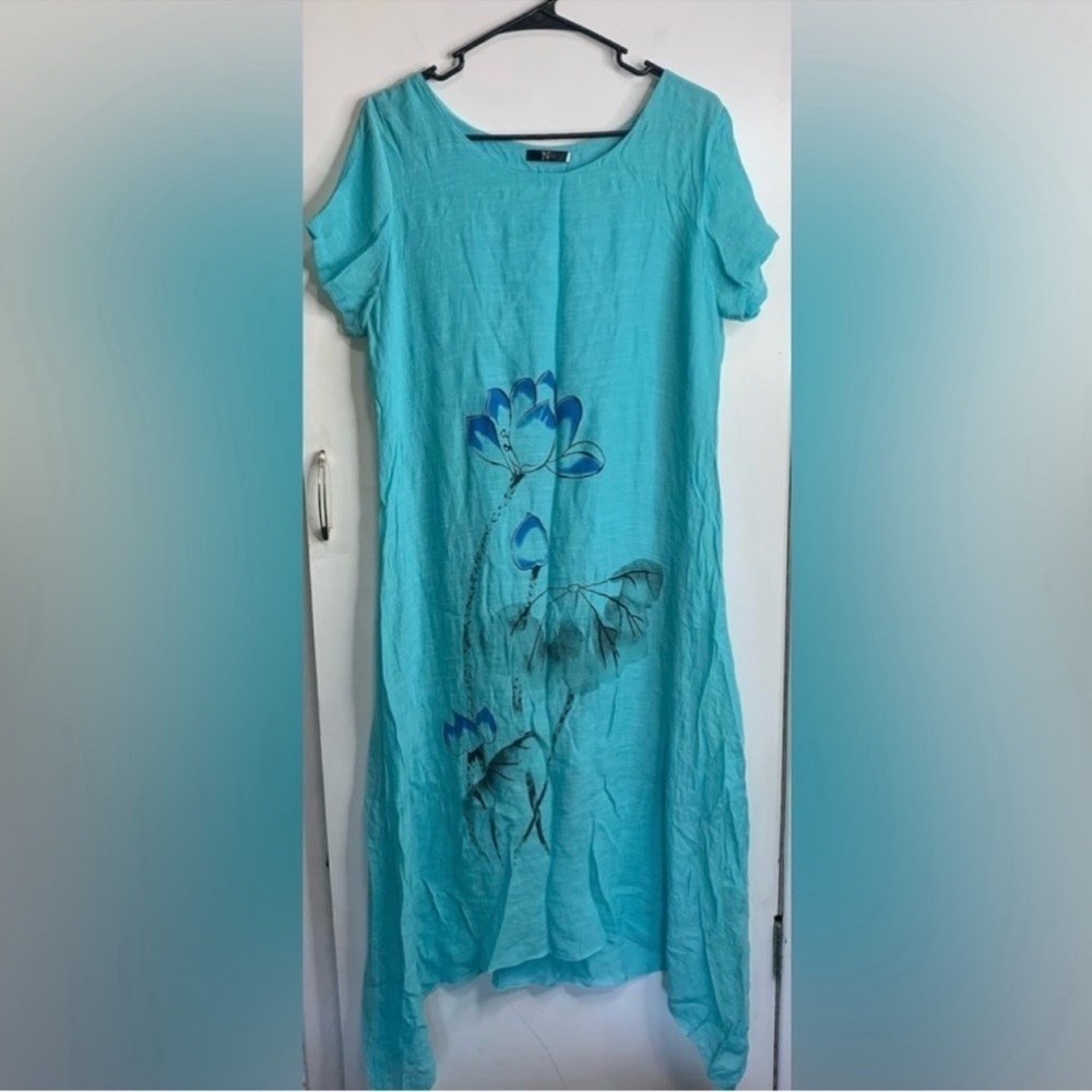 Baby Blue Lotus Floral Summer Maxi Swing Dress